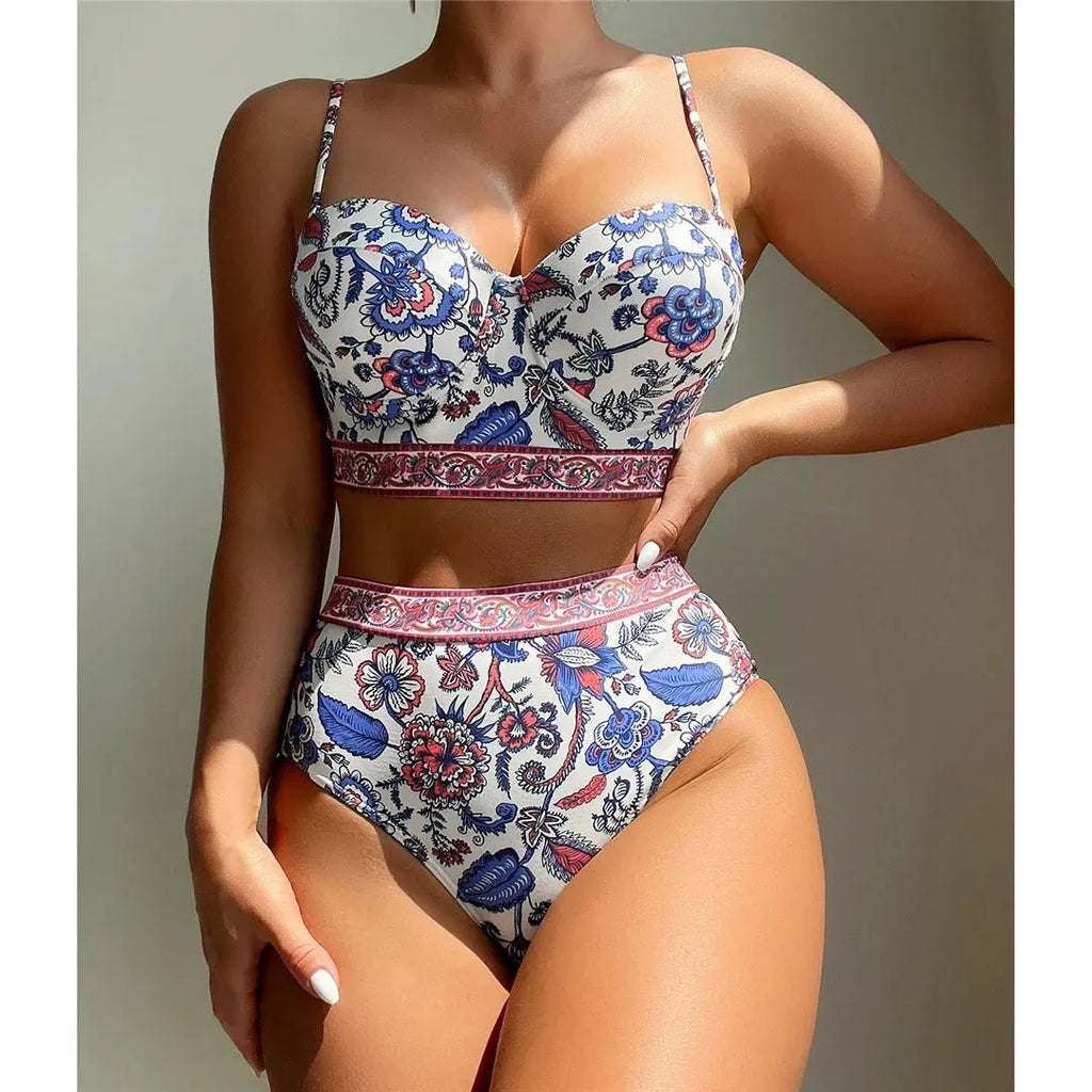 Blue women's high waist bikini with push-up top on a mannequin
