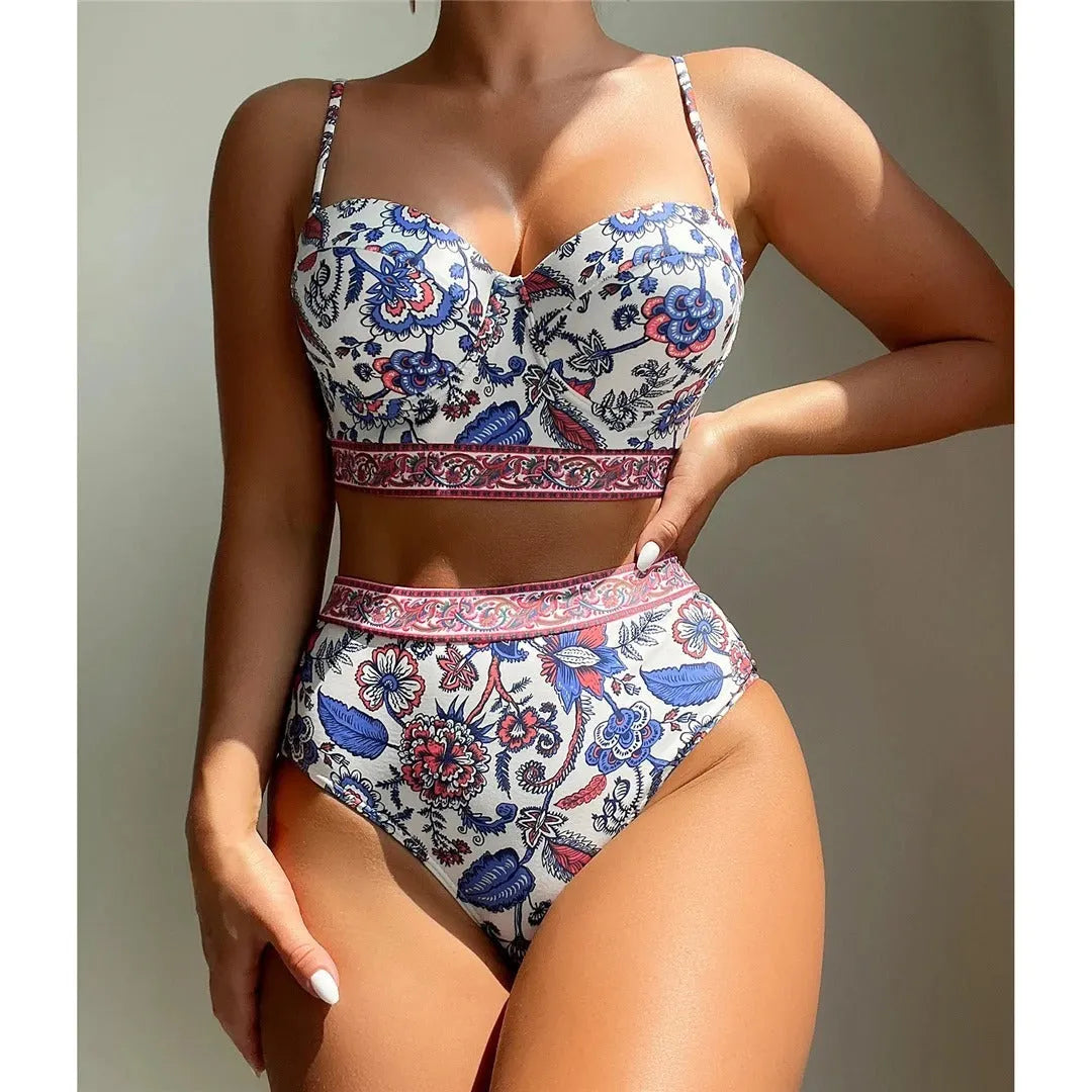 Blue women's high waist bikini with push-up top on a mannequin