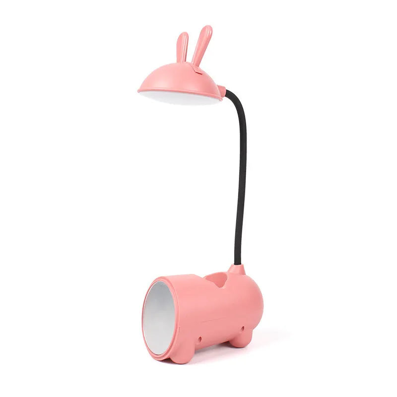 Cartoon-style desktop table lamp with pen container in green, dark blue, or pink colours