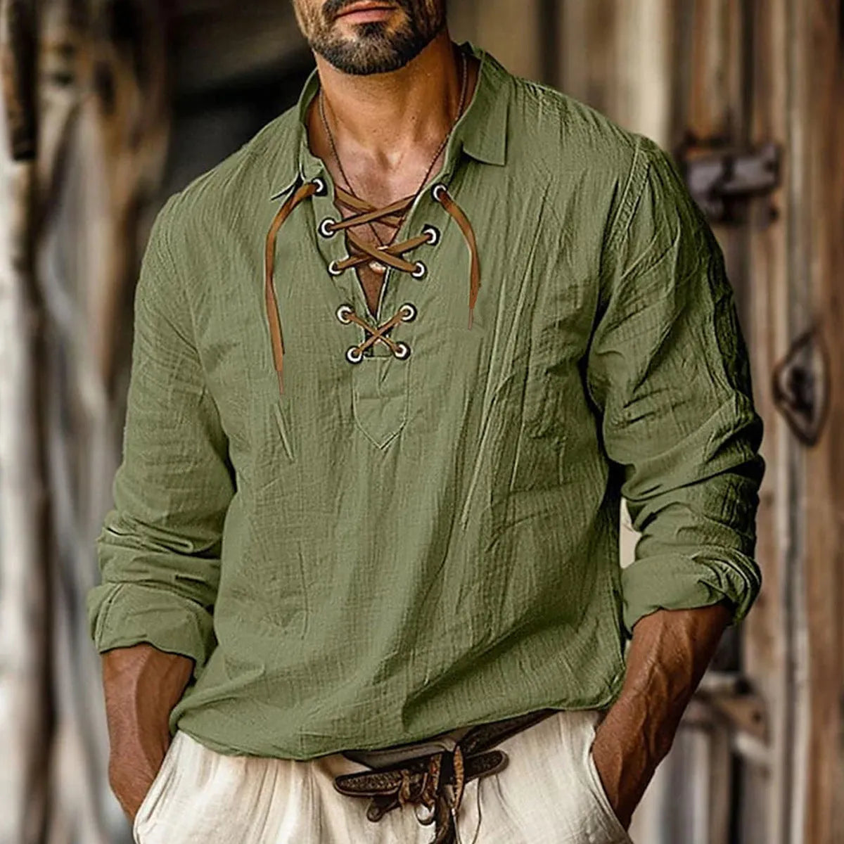 Men's loose fit plus size linen shirt with lapel collar and lace detailing in a solid colour.