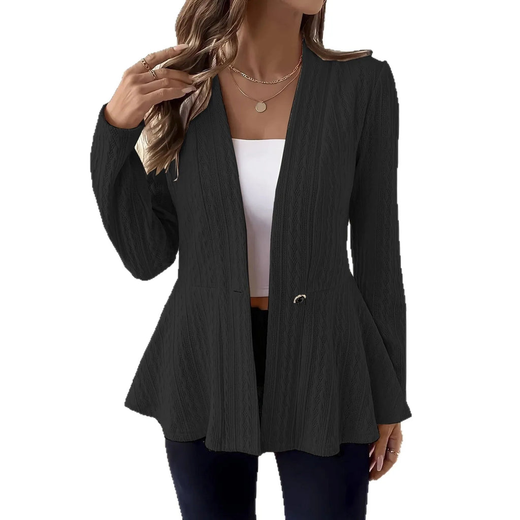 Women's apricot jacquard knit cardigan with single button front and regular long sleeves