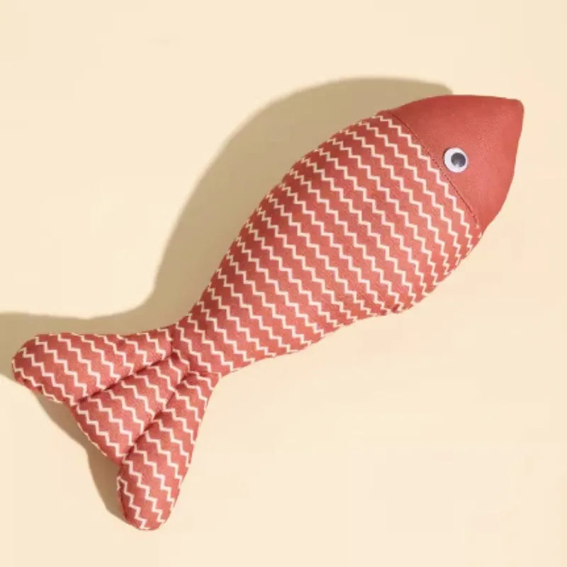 Plush fish cat toy filled with catnip, shown in blue, red, and yellow colours, with large and medium size examples