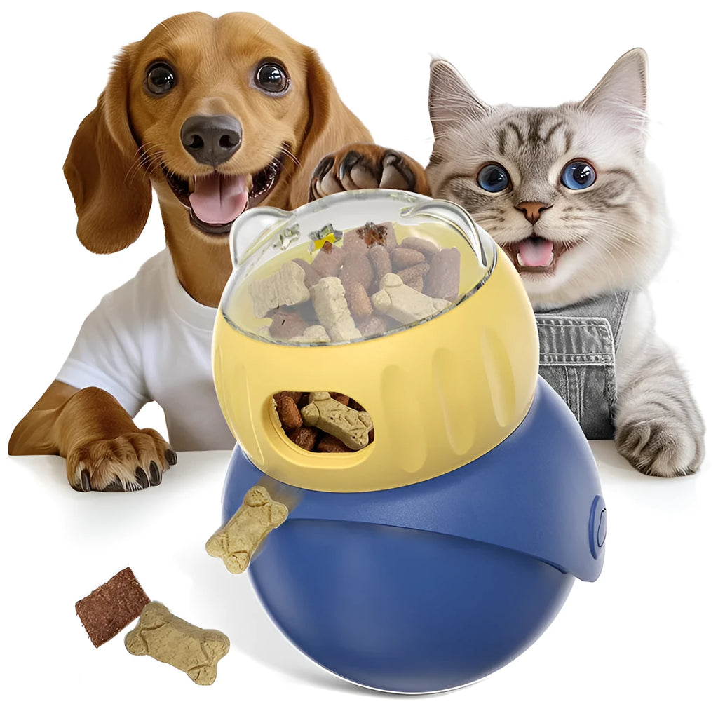 Owl-shaped plastic tumbler feeder cat toy in Morandi yellow and blue colours
