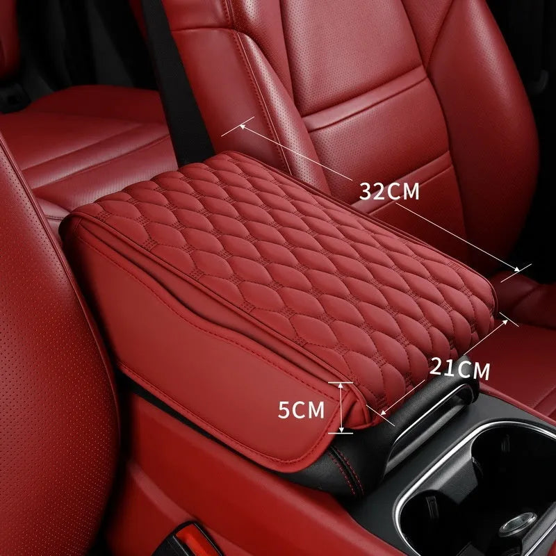 Leather car armrest box organiser in brown, measuring 32x22x5 cm for general vehicle models