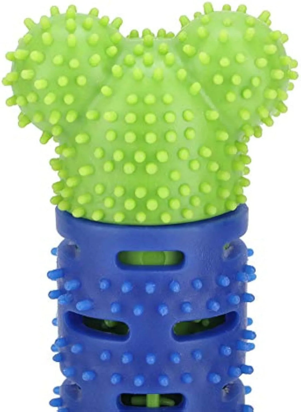 Blue and green dog dental chew toy with textured brush head and massage nodules for teeth cleaning and gum care.