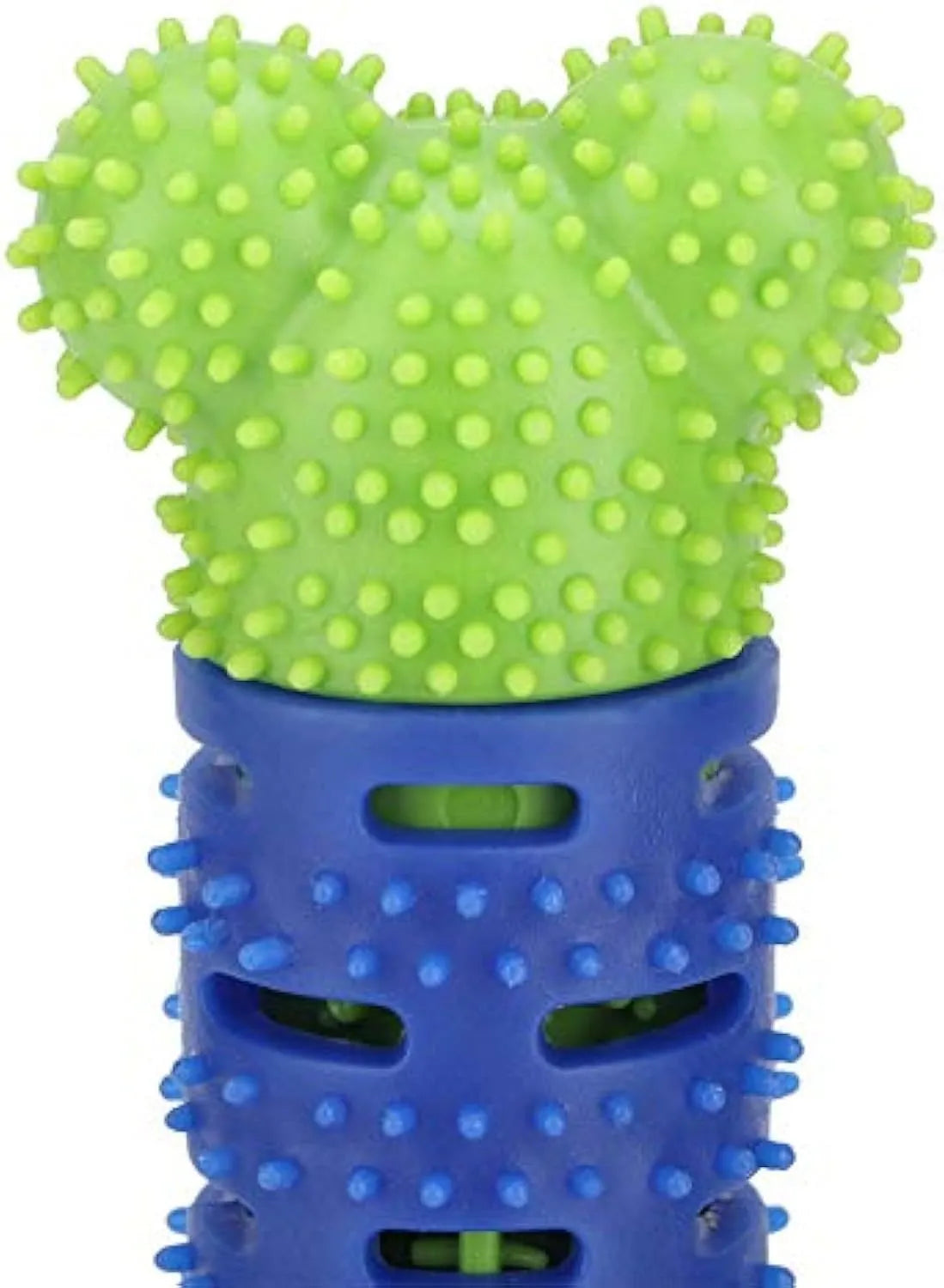 Blue and green dog dental chew toy with textured brush head and massage nodules for teeth cleaning and gum care.