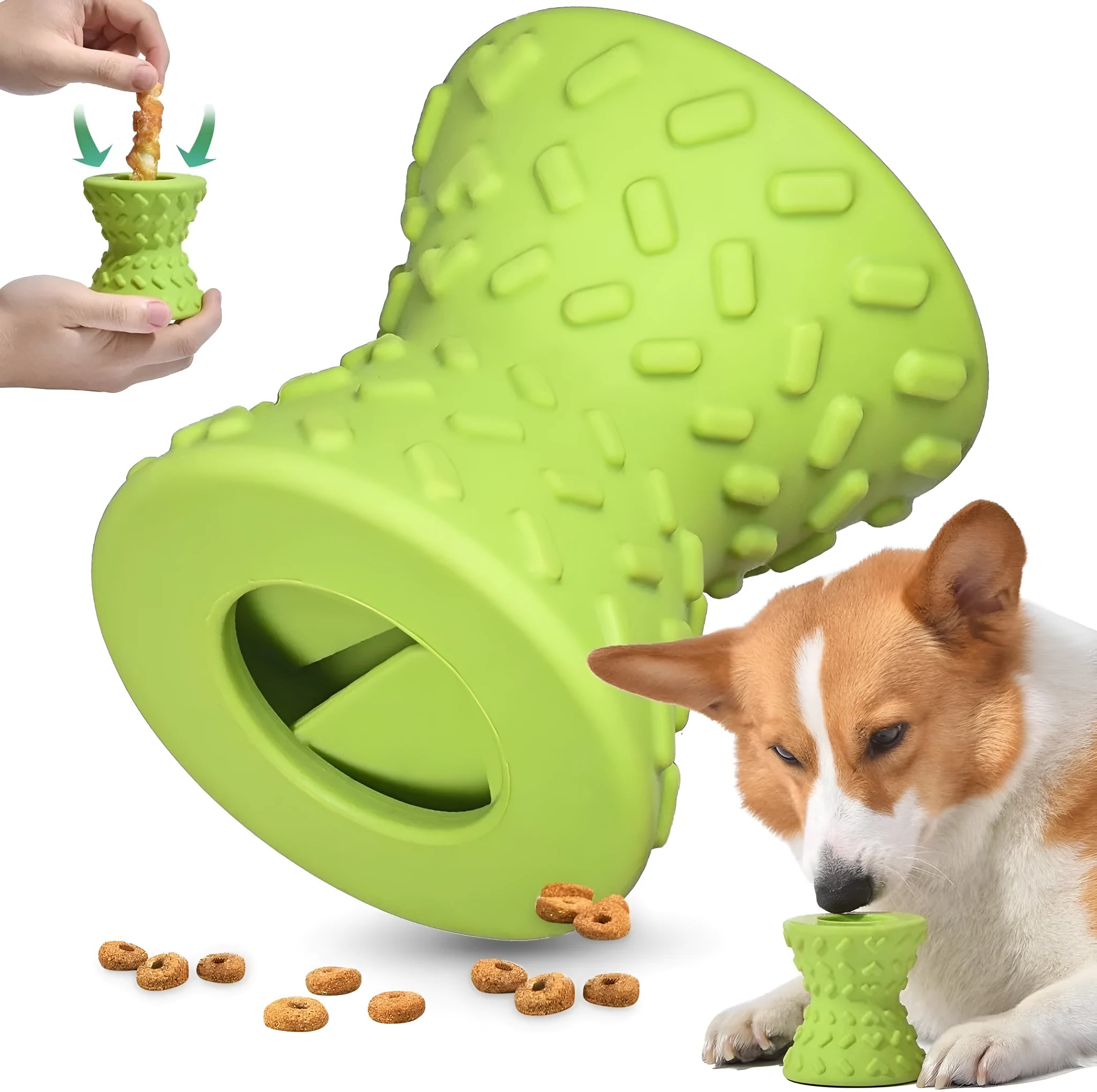 Interactive treat dispensing dog toy in blue, green or purple with hollow centre and food leakage holes