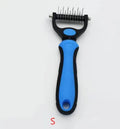 Stainless steel pet knot opening comb with double-sided blades in blue, small size 17x7cm
