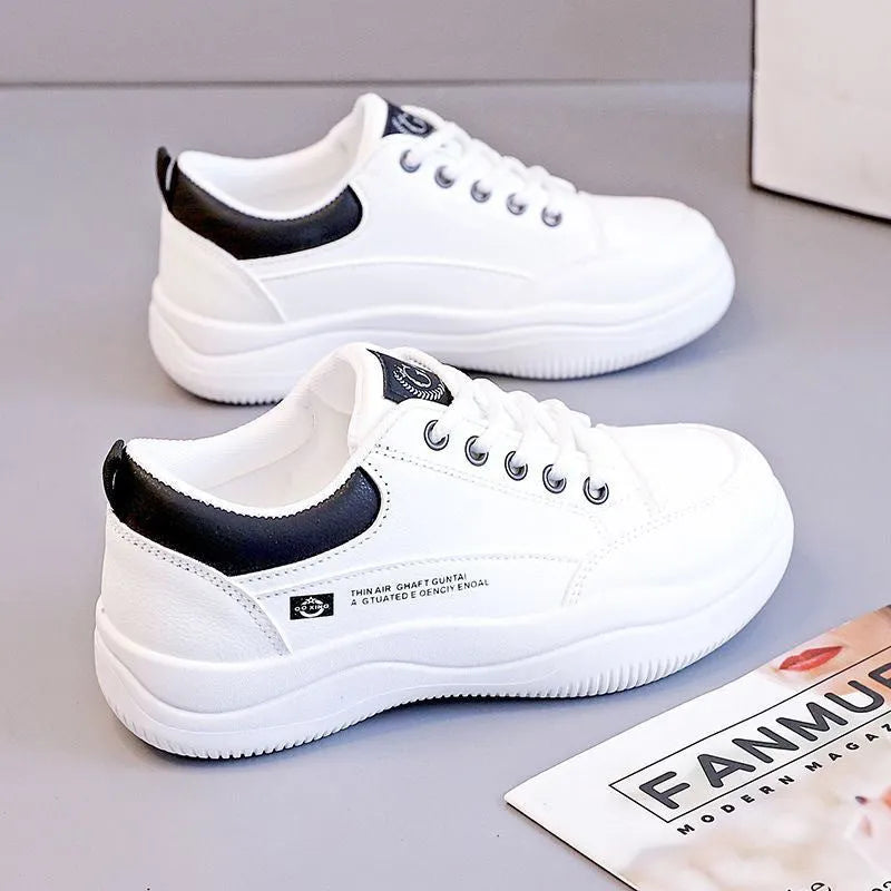 Women's Korean-style white synthetic leather casual shoes with cross straps and round toe