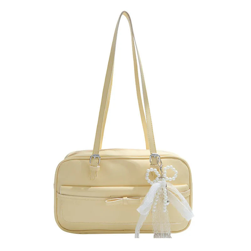 Single-shoulder flap bag with silk scarf pearl bow ornaments in horizontal square shape