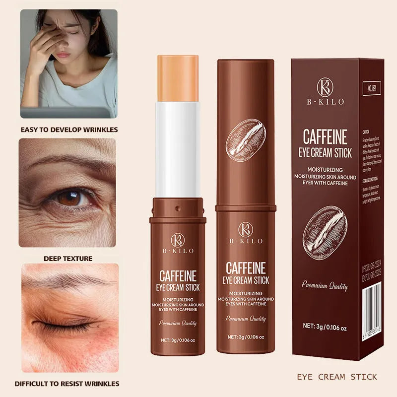 Caffeine eye cream stick in packaging, 3g net content for hydrating and reducing dark circles.