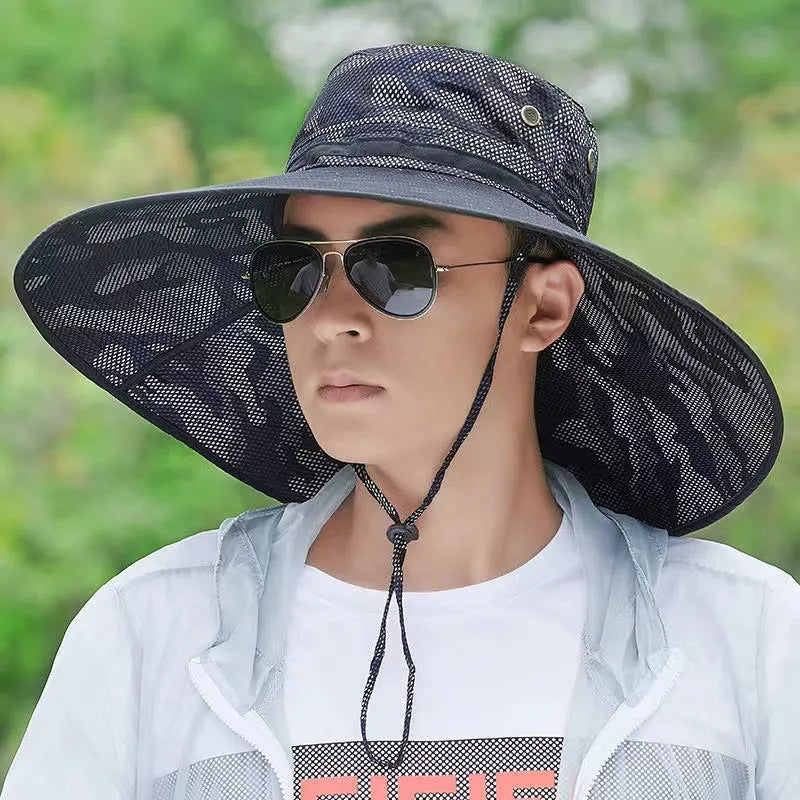Outdoor men's fisherman mountaineering sun hat with cotton fabric and 11cm brim