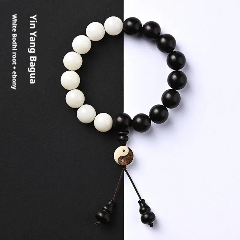 Handmade retro bracelet with eight-diagram pattern on 11mm White Corypha Umbraculifera and Blackwood Bodhi beads