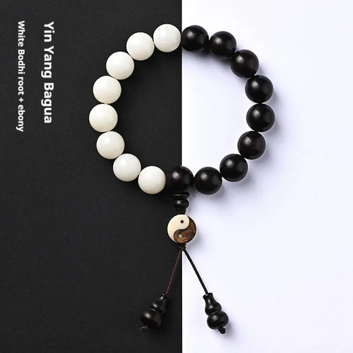 Handmade retro bracelet with eight-diagram pattern on 11mm White Corypha Umbraculifera and Blackwood Bodhi beads
