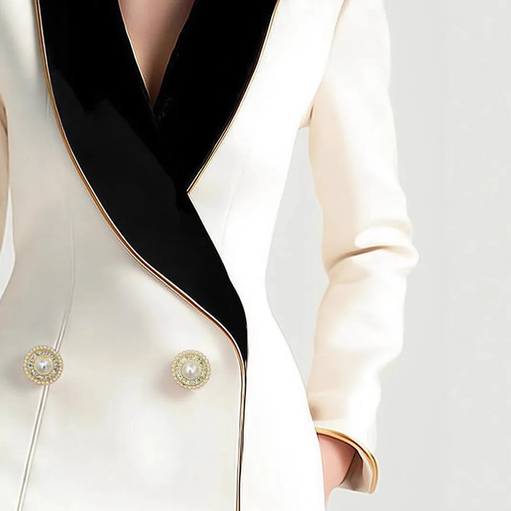 Beige women's irregular design long sleeve coat with golden edge pearl buttons on the front.