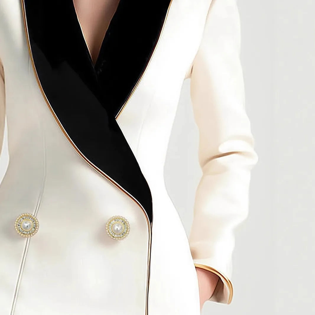 Beige women's irregular design long sleeve coat with golden edge pearl buttons on the front.