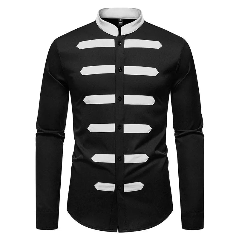 Men's slim fit casual long sleeve shirt in black, light blue, or navy blue made from polyester fabric