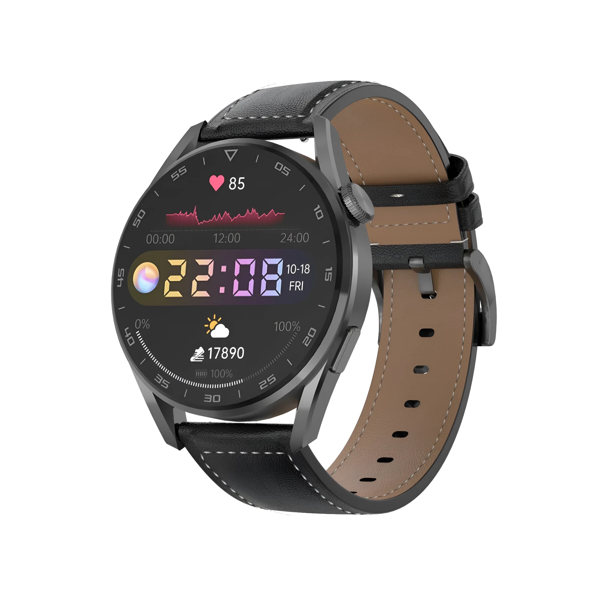 Black smart watch with metal wristband showing 1.3 inch display with Bluetooth calling interface