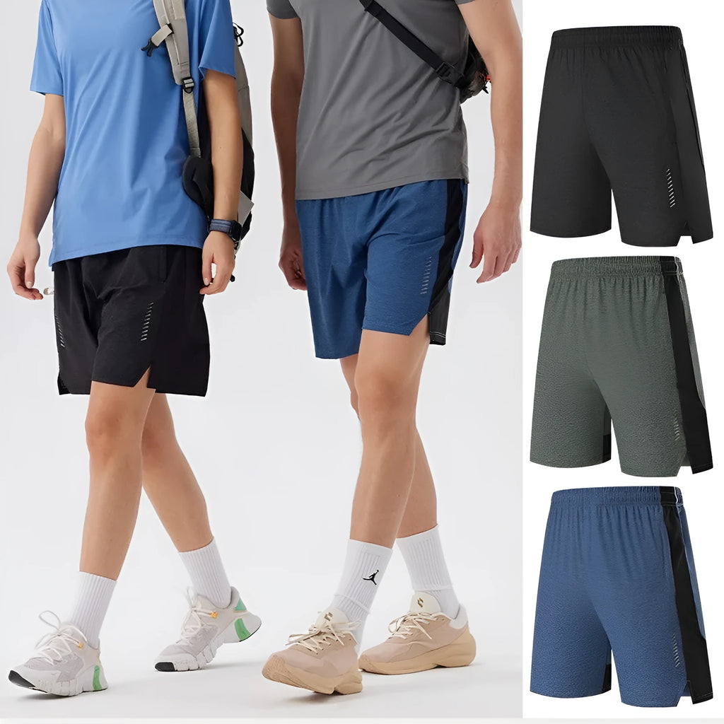 Men's forest green spandex five-point casual shorts with a mid waist on a hanger.