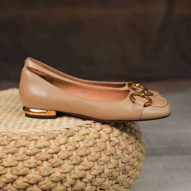 Women's black Wanwan Lei style square toe low heel pumps with shallow mouth and elasticated heel tab.