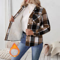 Woolen woven plaid button shirt collar jacket top in brown, front view, with pocket detail, polyester construction