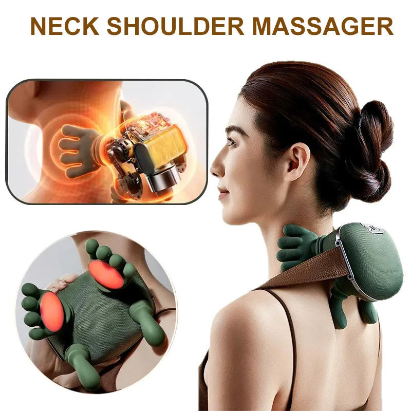 Electric neck and shoulder massager in moss green with 4D kneading and heat, cordless design