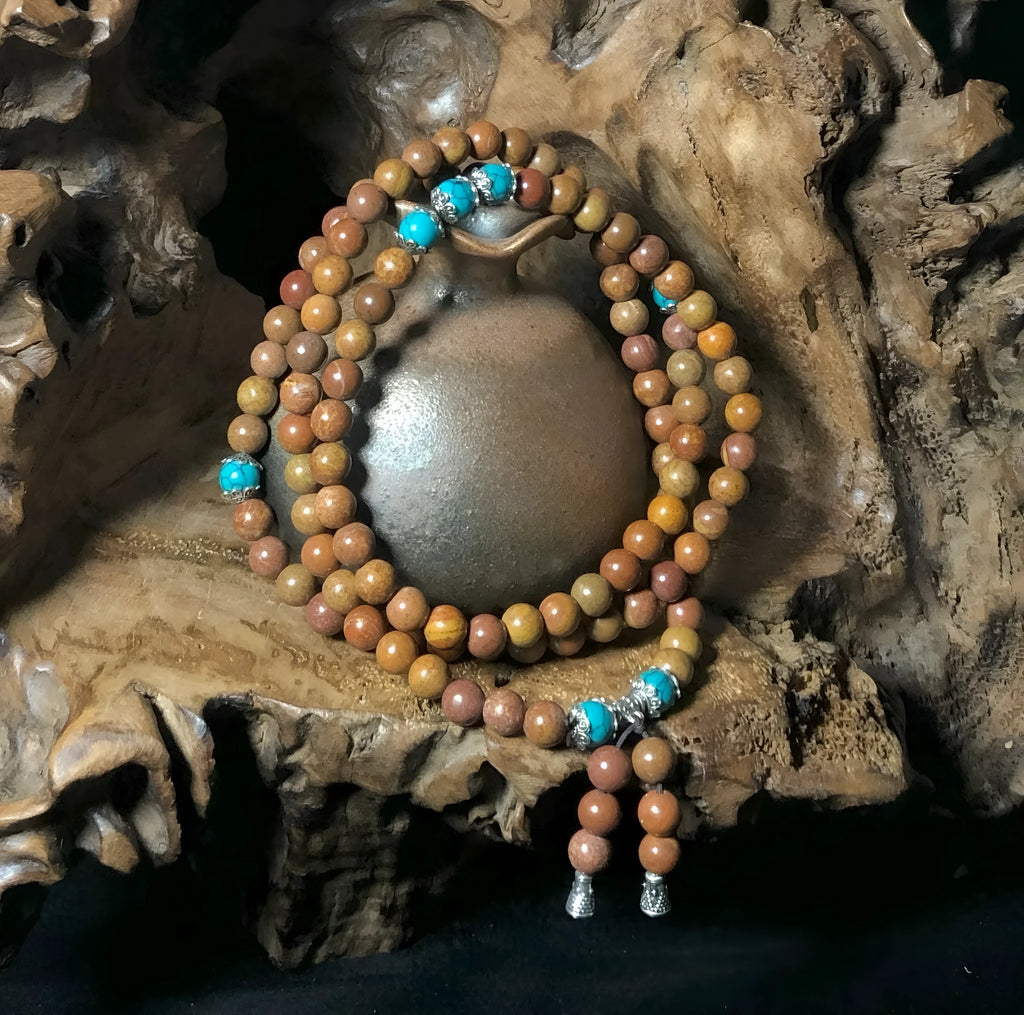 Stone bracelet with 108 hand-polished geometric beads measuring 5-6mm diameter