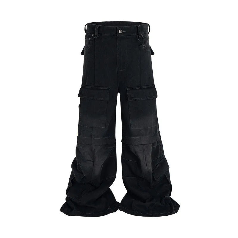 Detachable washed-out cotton overalls with multiple pockets in black colour showing mid-waist fit and zip placket