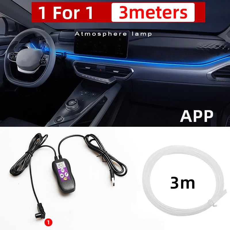 USB-powered colour changing LED ambient light strip for car dashboard and centre console illumination.