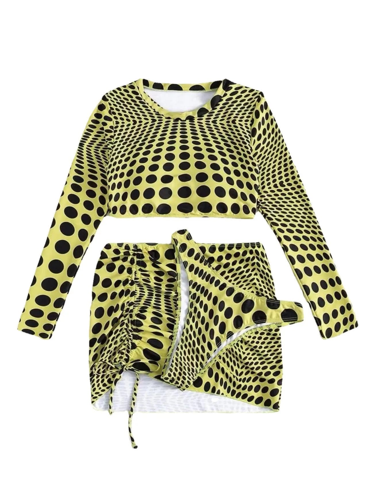 Women's green polka dot swimsuit three-piece set with matching top and skirt