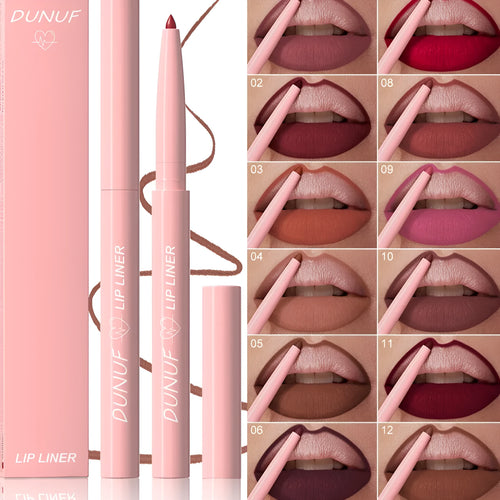 Twelve velvet matte lip liner pencils in a row showing different shades from a 12-colour collection.