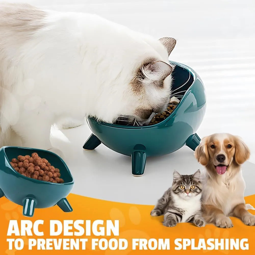 Green four-legged ceramic cat food bowl for indoor pets with wide mouth design