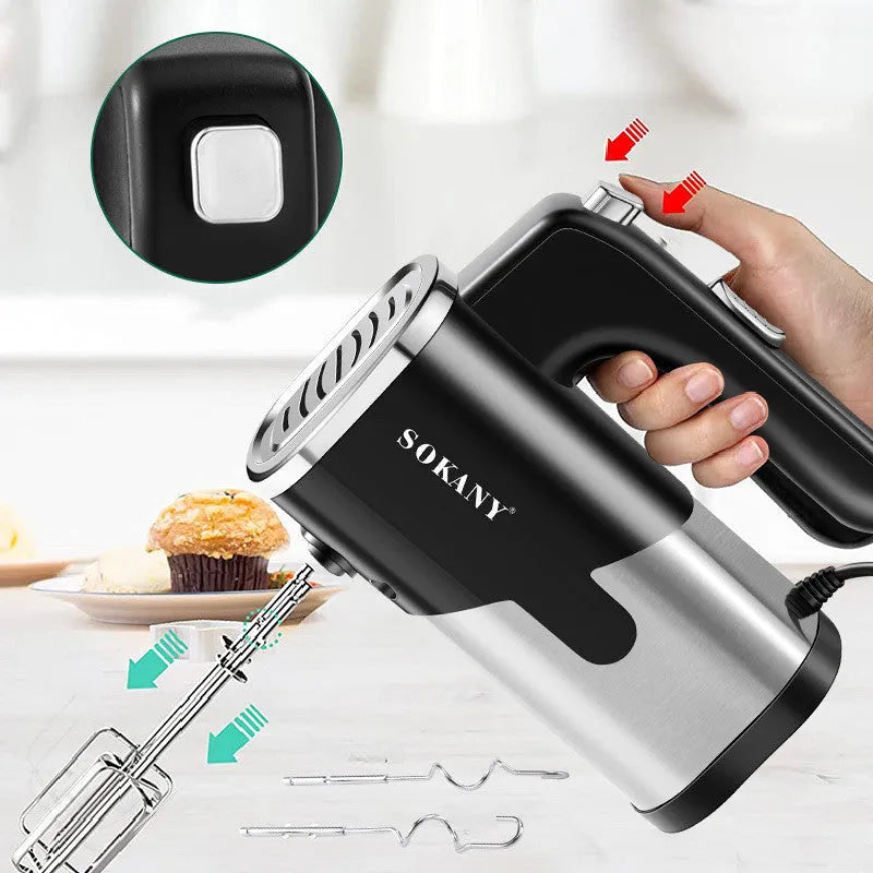 Cross-Border 6621 800W handheld mixer in black with stainless steel whisk on white background