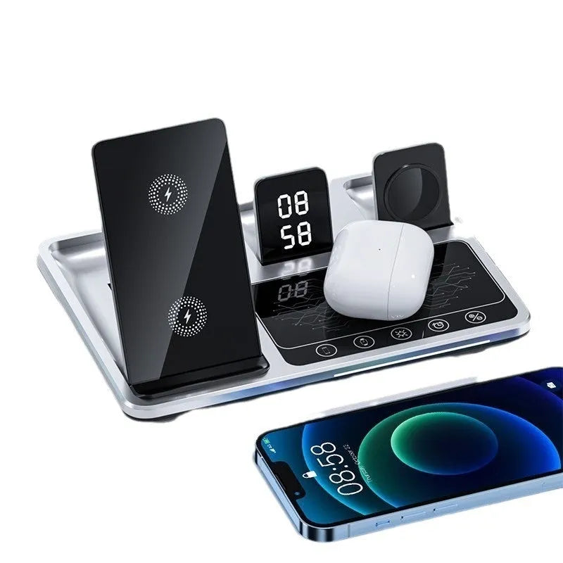 Multifunctional wireless fast charging clock with folding bracket, black plastic version, charging a phone upright