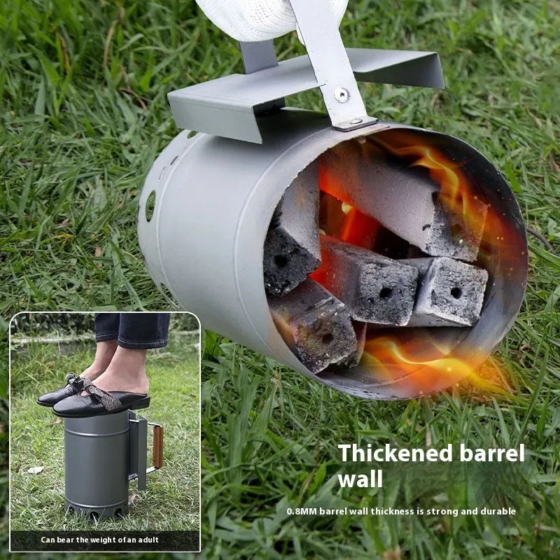 Zinc-iron alloy outdoor charcoal fire igniter with bucket-style design and point carbon barrel