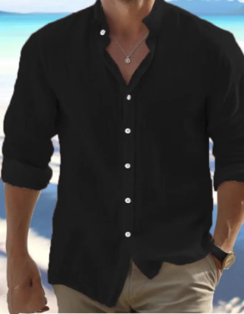 Men's light grey linen pullover shirt made from long-staple cotton for casual summer wear.