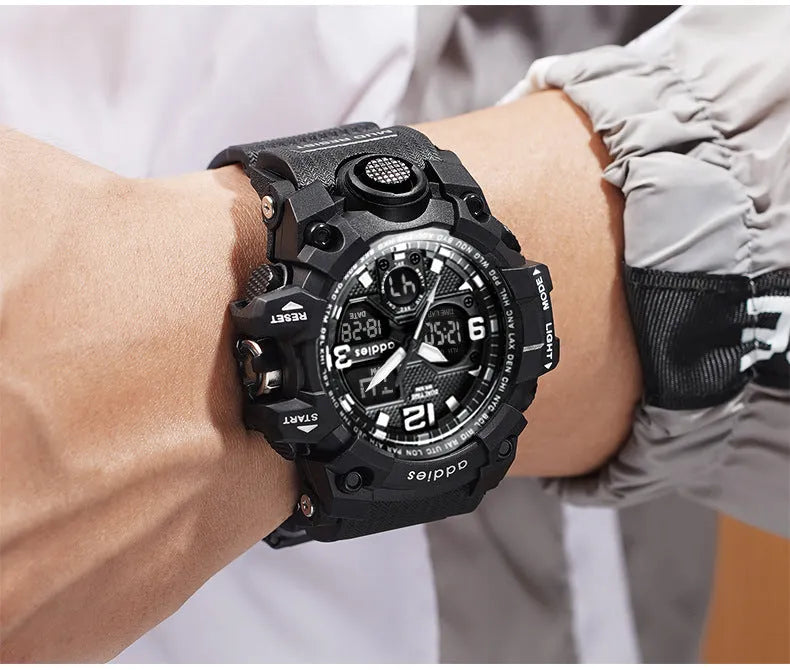 Electronic dual-display sports watch with plastic case and 50m waterproof rating