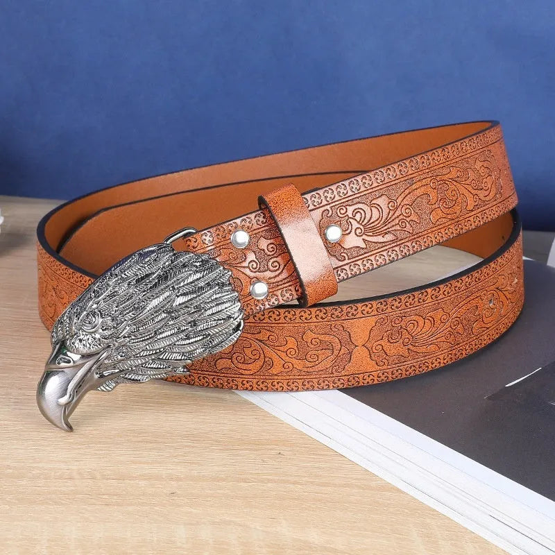 Men's imitation leather belt with electroplated cow head alloy buckle, 125 cm length