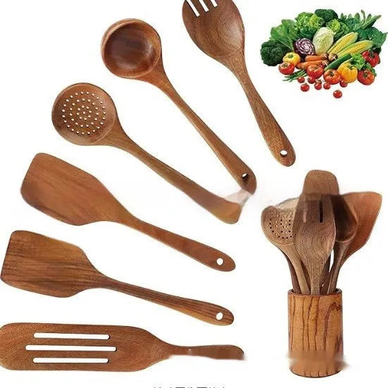 Wooden kitchen utensil set with seven pieces including spoons and spatulas in boxed presentation