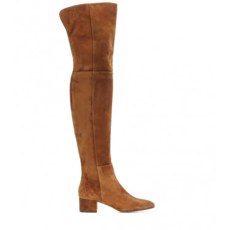 Grey suede women's flat over-the-knee boots with pointed toe and low thick heel.