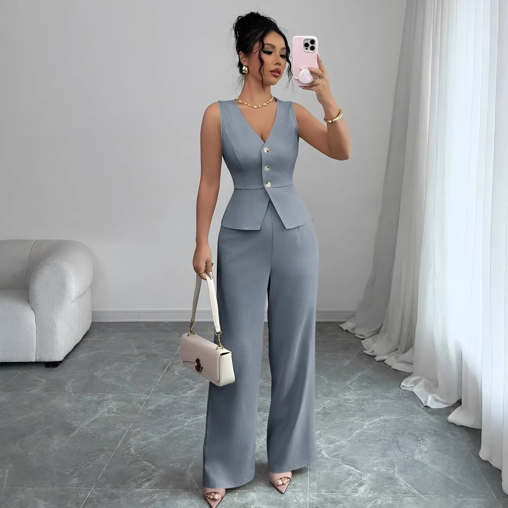 Women's black sleeveless vest and high-waist trousers two-piece casual set