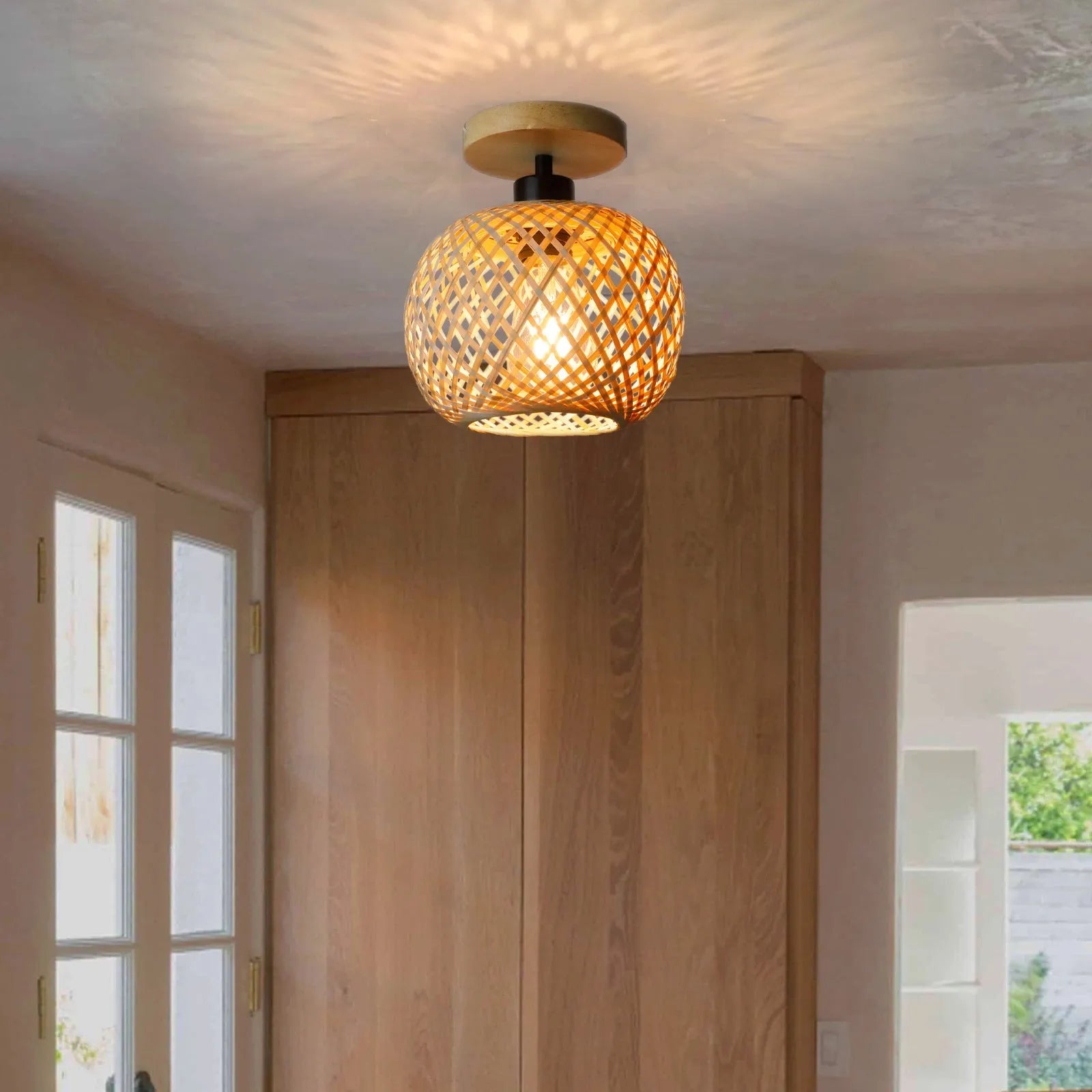 Japanese-style natural bamboo ceiling lamp in a wood colour finish for corridors and hallways.