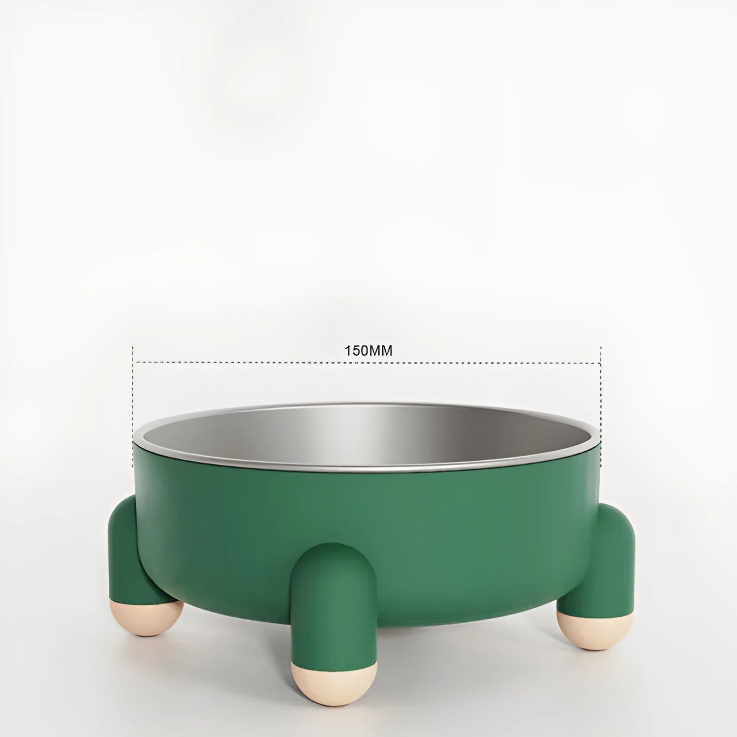 Green stainless steel pet bowl with a high foot and non-slip silicone base on a floor