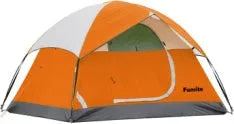 Orange portable 2-person camping tent with fibreglass poles set up outdoors