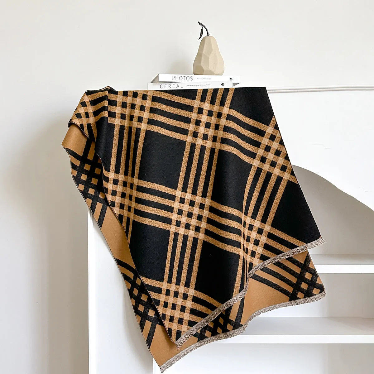Imitation cashmere scarf with tassels in four colour options on mannequin