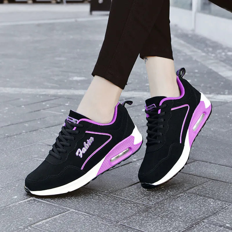Women's spring leather plus size air cushion sports shoes in Wo 1909 black and white, low top lace up style