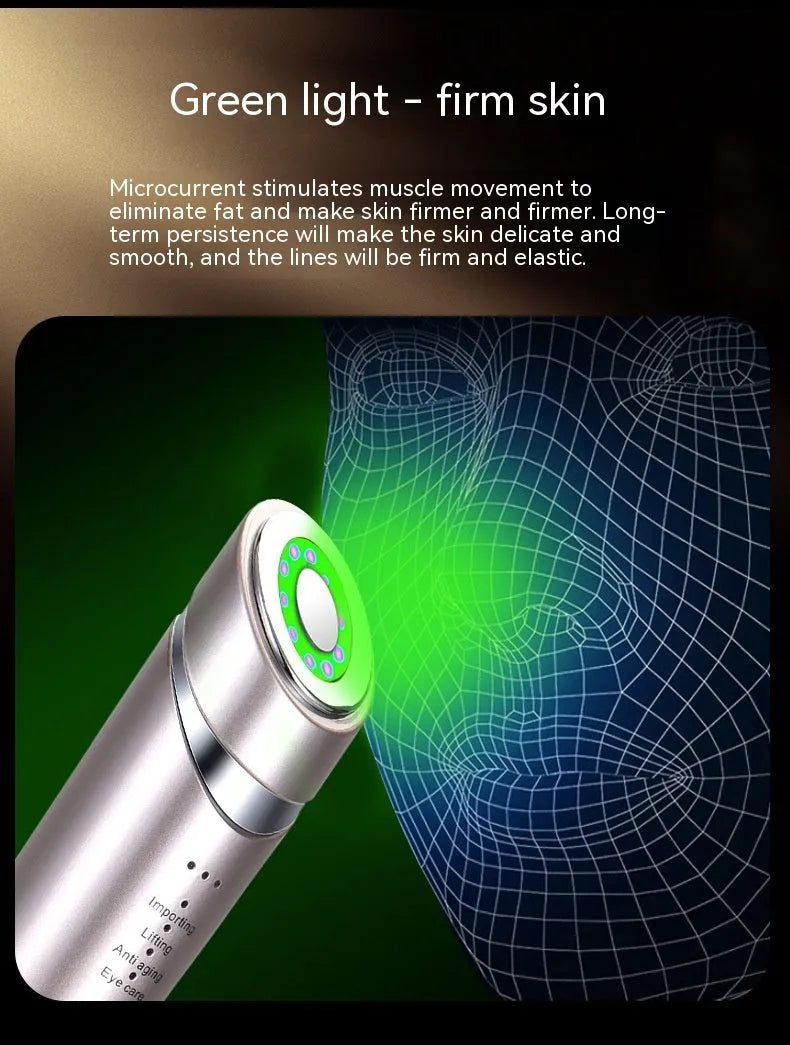 Pulse RF beauty instrument in mist blue held in hand, showing silicone head and control button