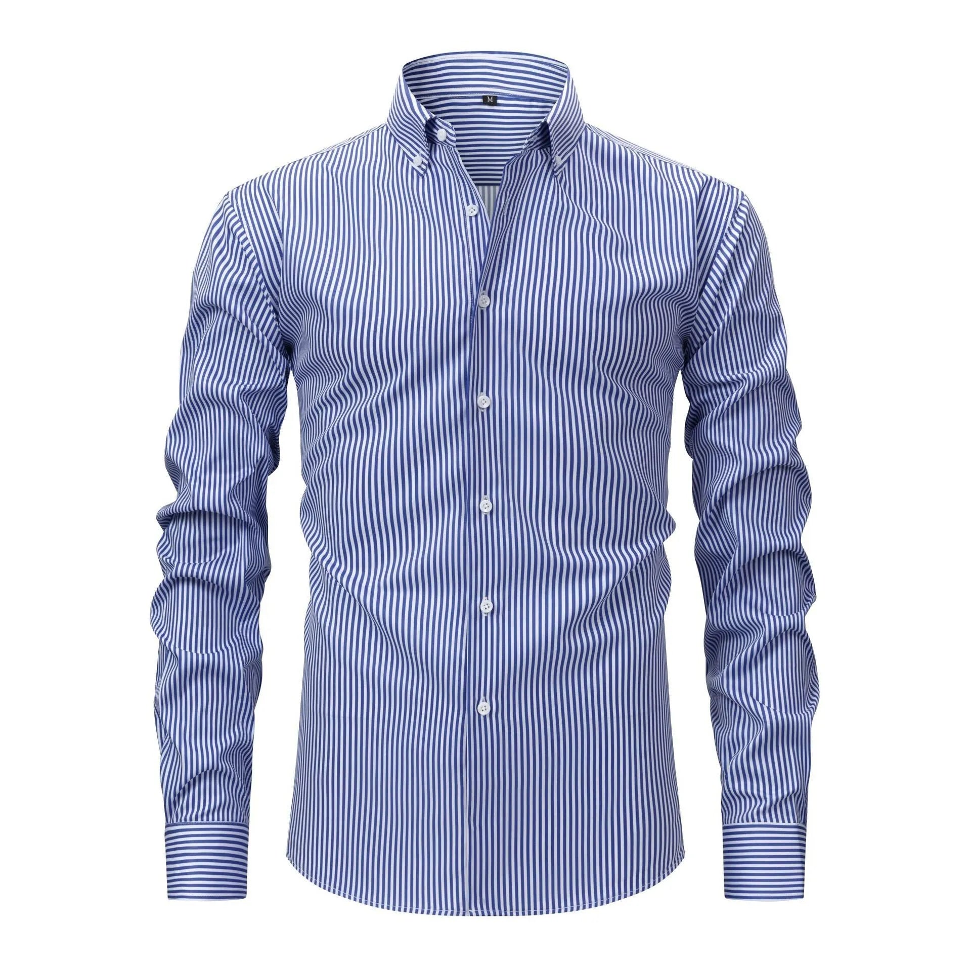 Man wearing a striped long-sleeved anti-wrinkle business casual shirt with a lapel collar.