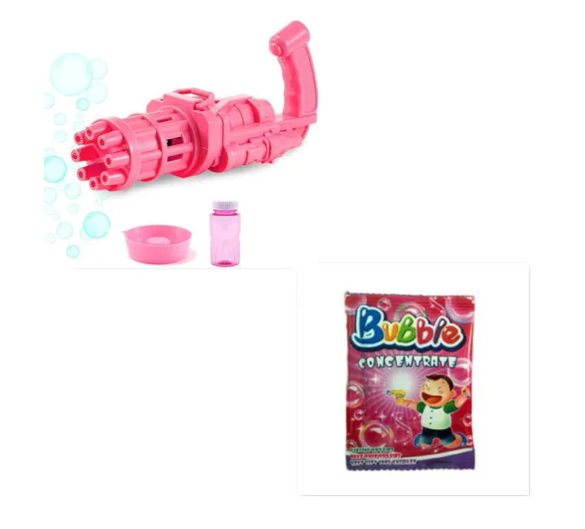 Realistic pink bubble machine gun toy for kids on a green lawn.