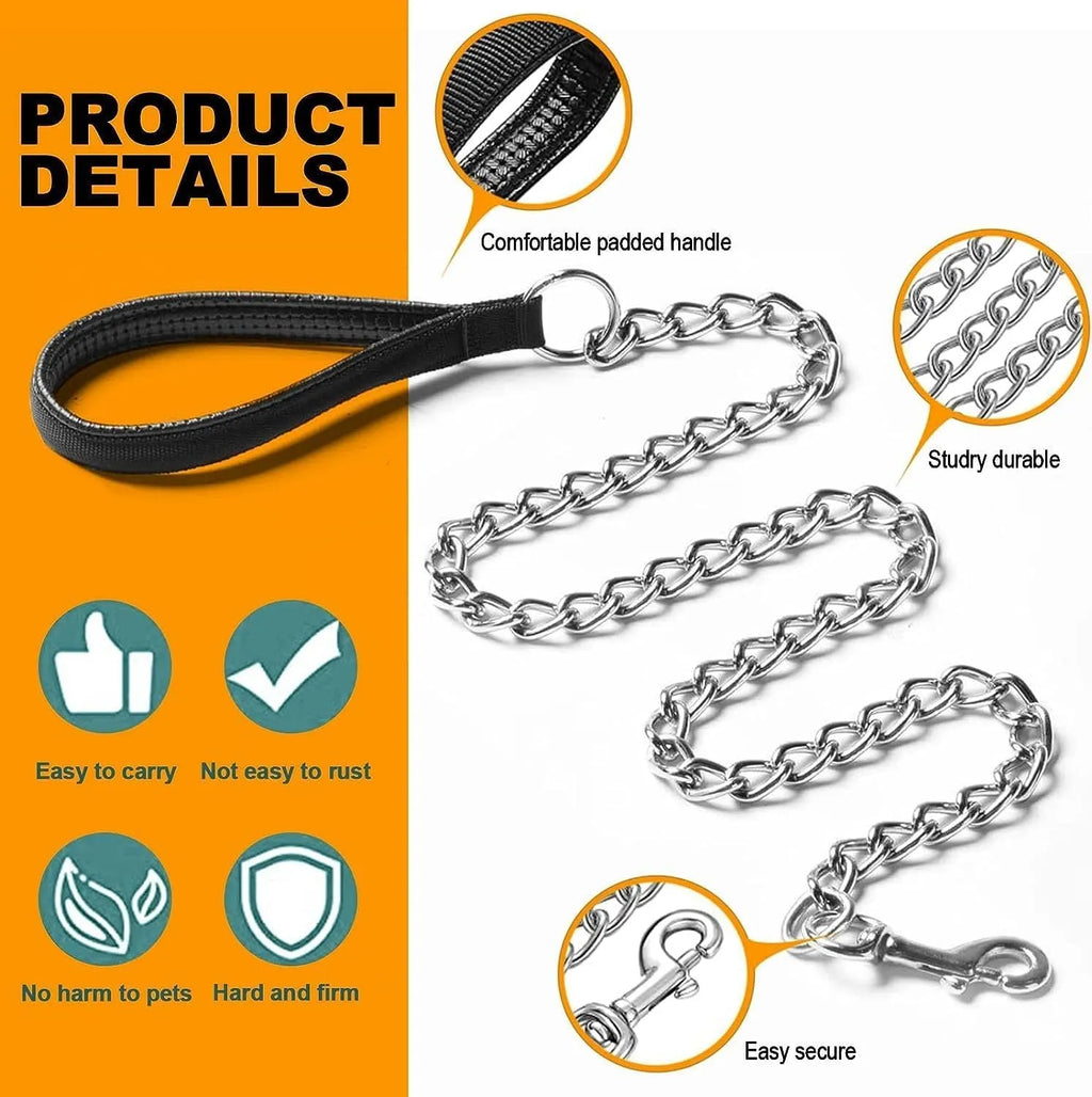 Heavy duty metal dog leash chain with soft black padded handle, shown in red.